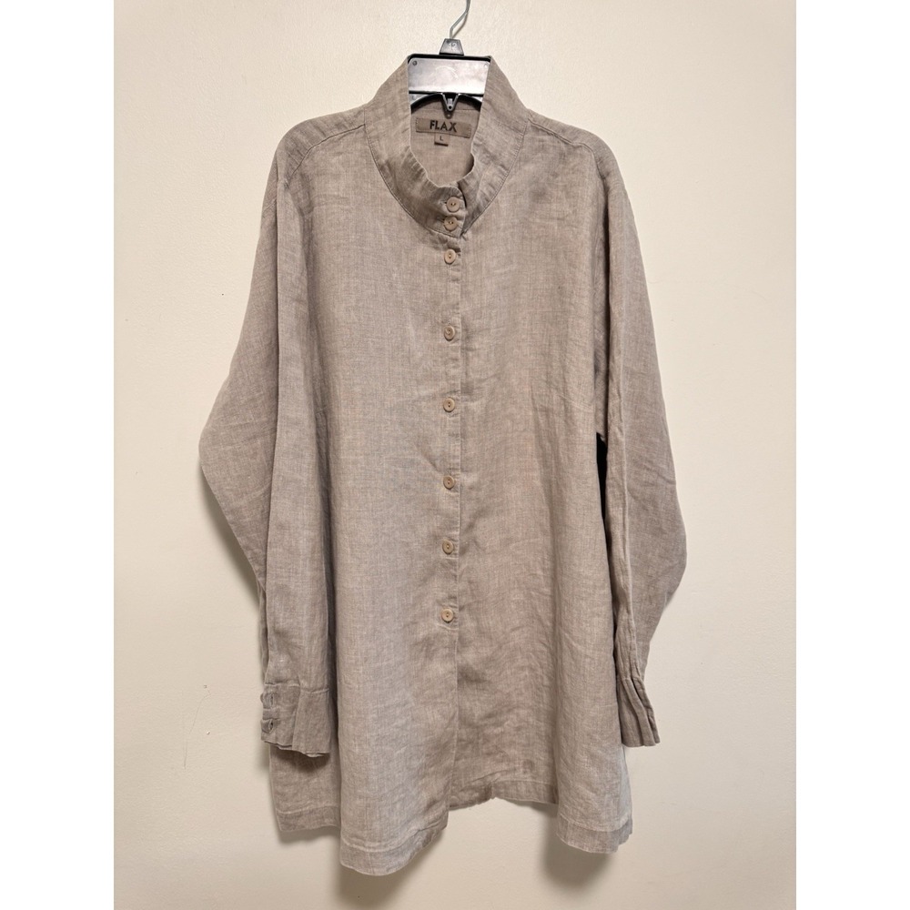 FLAX 100% Linen Button Front Top Mandarin Collar Women Size L Lagenlook